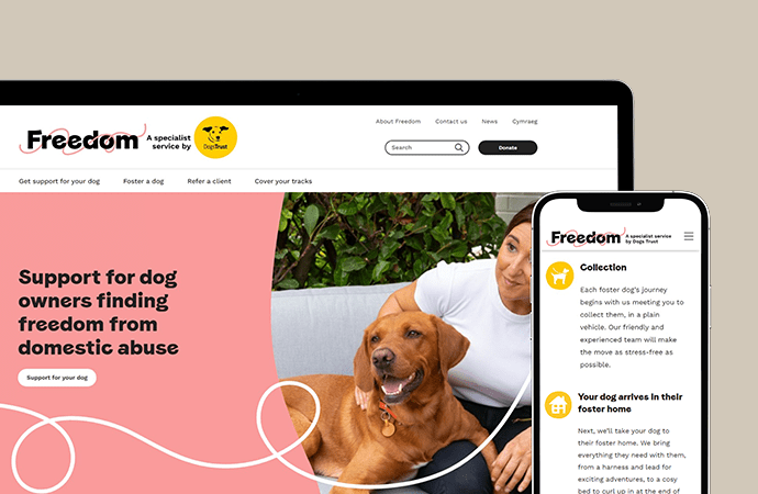 Laptop and phone showing charity web design with wording Support for dog owners finding freedom from domestic abuse